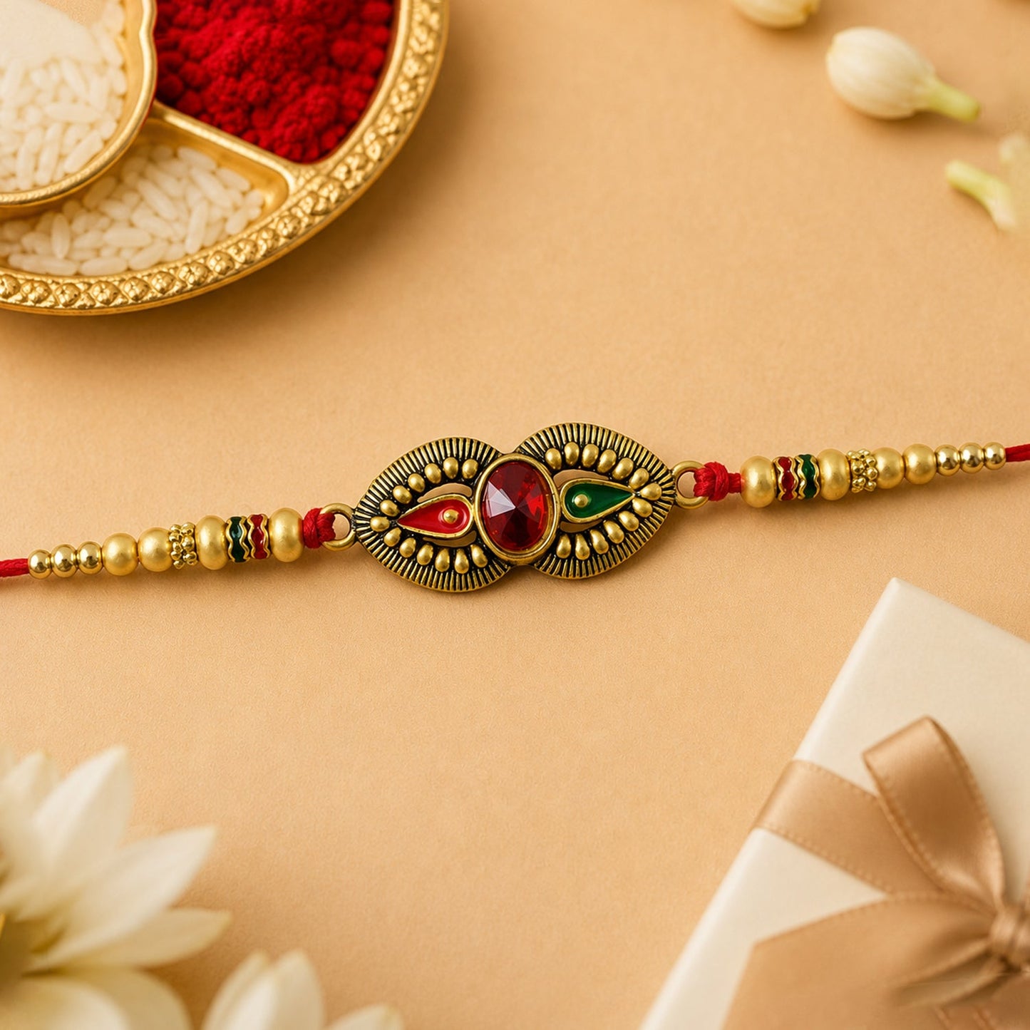 Antique Oval Dual Enamel Charm Crystal Stone Bead Thread Rakhi for Brother