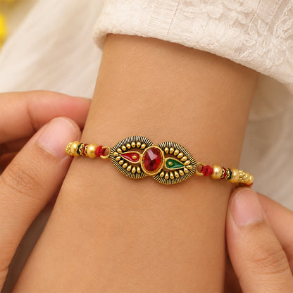 Antique Oval Dual Enamel Charm Crystal Stone Bead Thread Rakhi for Brother