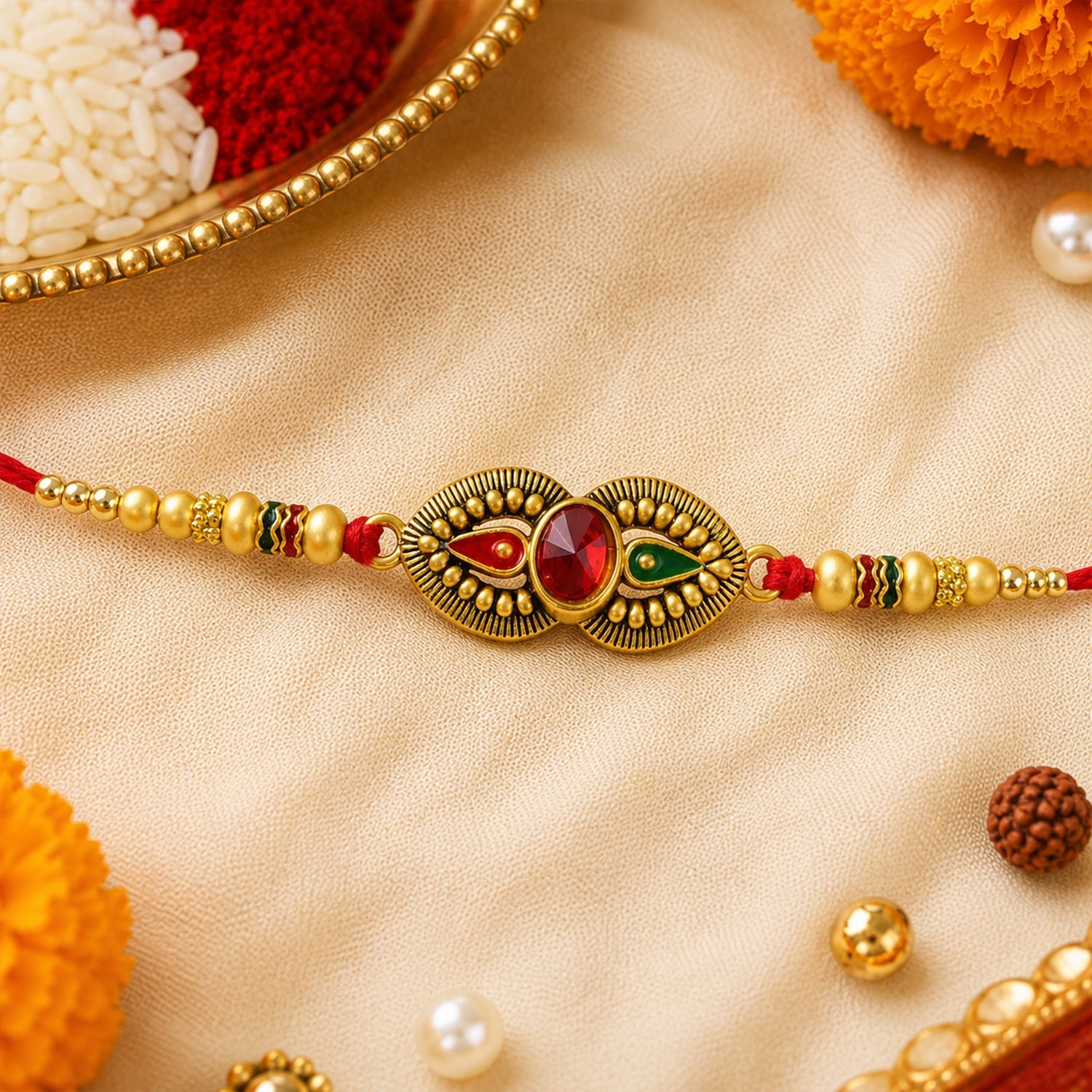 Antique Oval Dual Enamel Charm Crystal Stone Bead Thread Rakhi for Brother