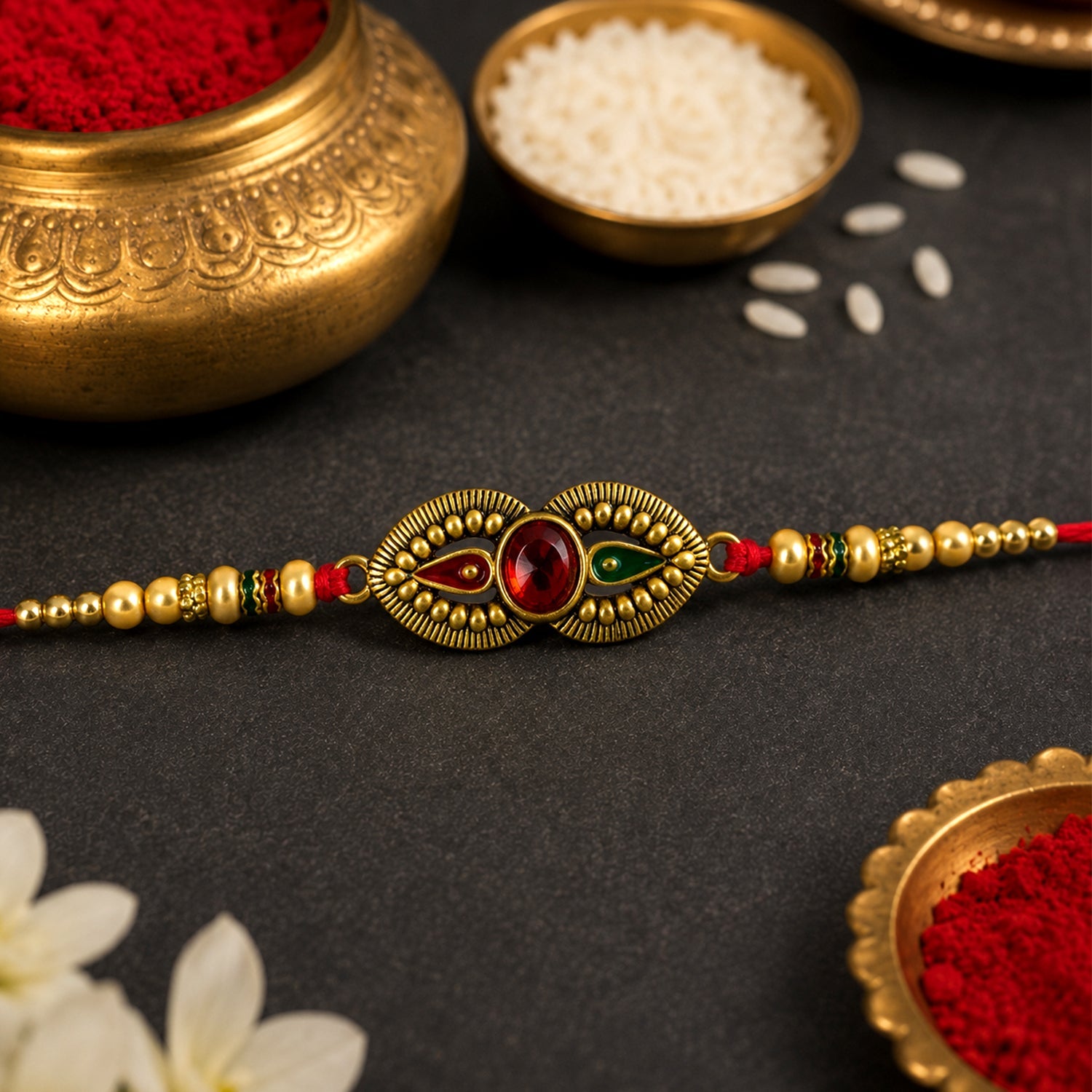 Antique Oval Dual Enamel Charm Crystal Stone Bead Thread Rakhi for Brother