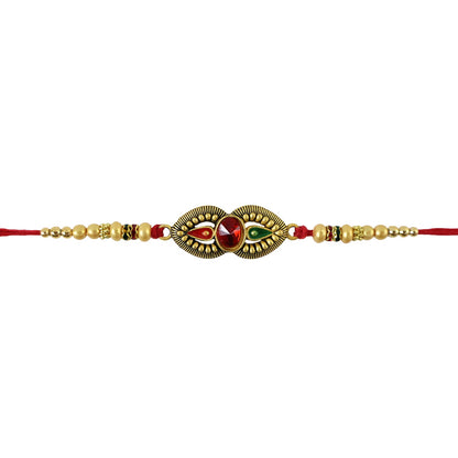 Antique Oval Dual Enamel Charm Crystal Stone Bead Thread Rakhi for Brother