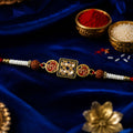 Premium Rudraksha Rakhi for Brother – Om Kundan Square Frame