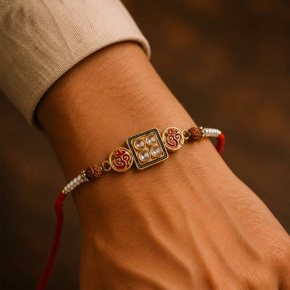 Om Kundan Square Frame Rudraksha Bead Fancy Thread Rakhi for Brother