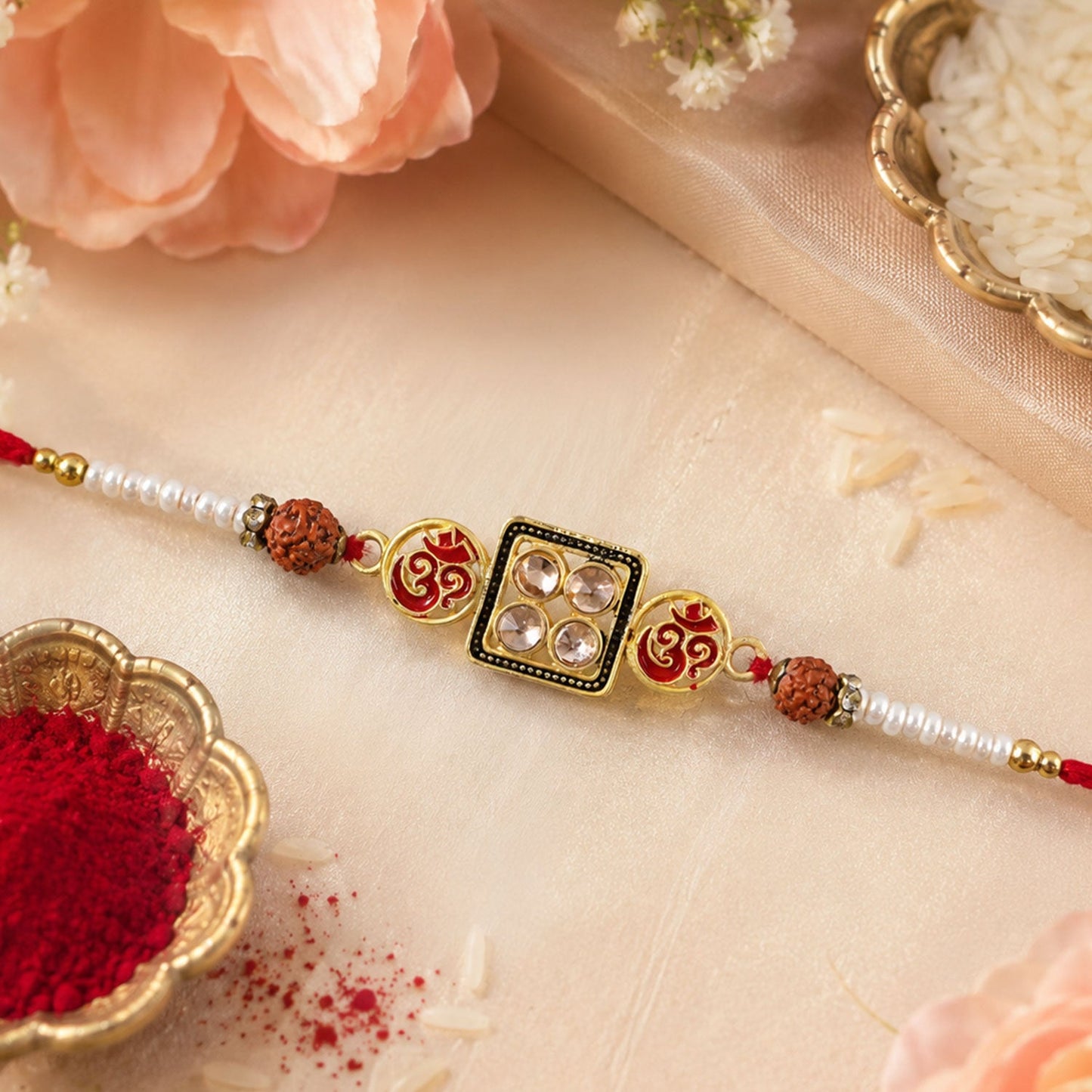 Om Kundan Square Frame Rudraksha Bead Fancy Thread Rakhi for Brother