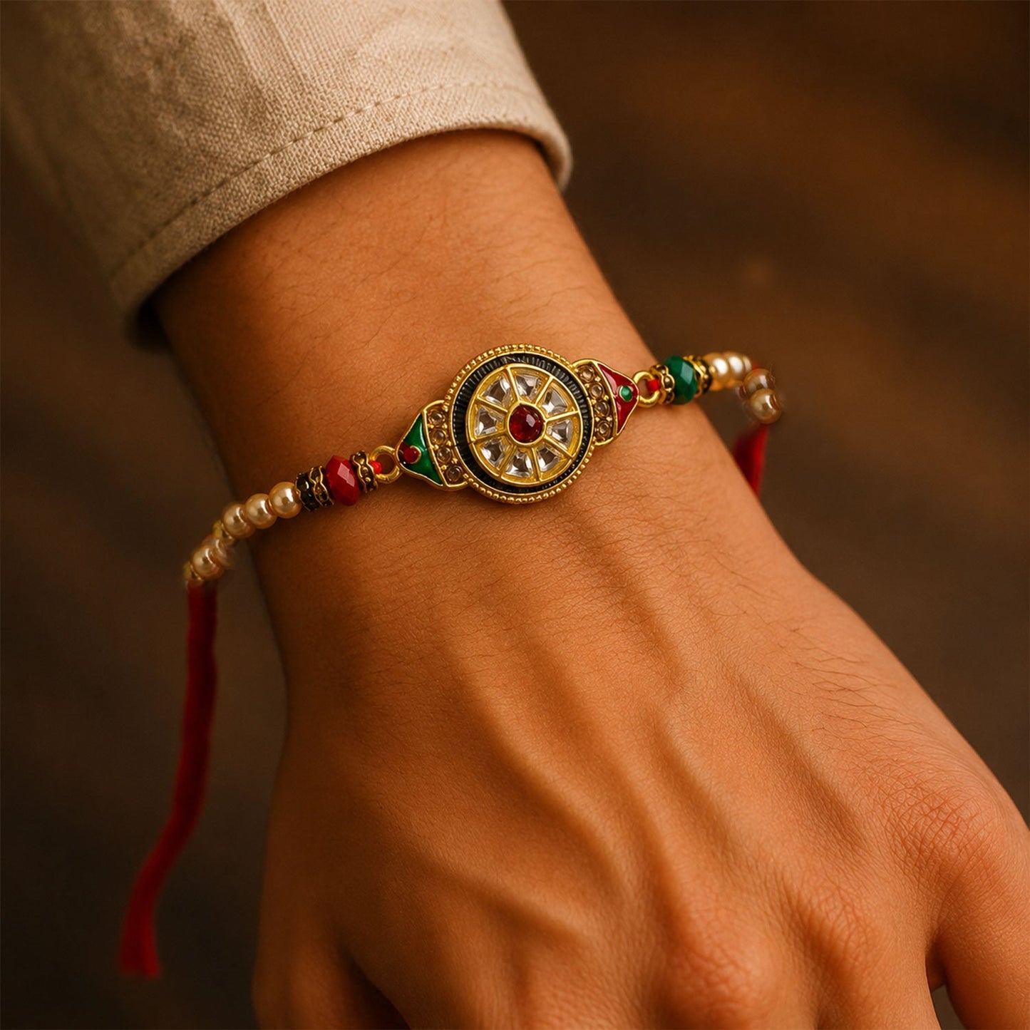 Round Kundan Meenakari Design Crystal Bead Thread Rakhi for Brother