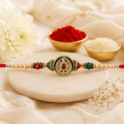 Round Kundan Meenakari Design Crystal Bead Thread Rakhi for Brother