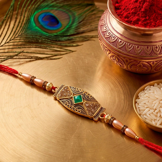 Antique Meenakari Rakhi for brother with an elongated oval charm and pearl beads.