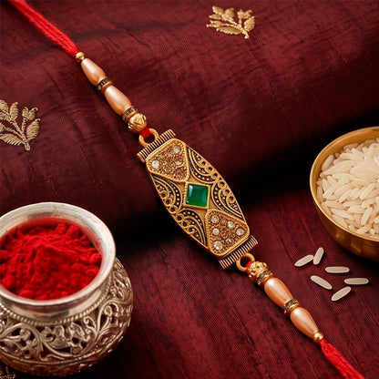 Antique Meenakari Elongated Oval Charm Pearl Bead Thread Rakhi for Brother