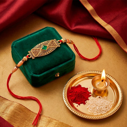 Antique Meenakari Elongated Oval Charm Pearl Bead Thread Rakhi for Brother