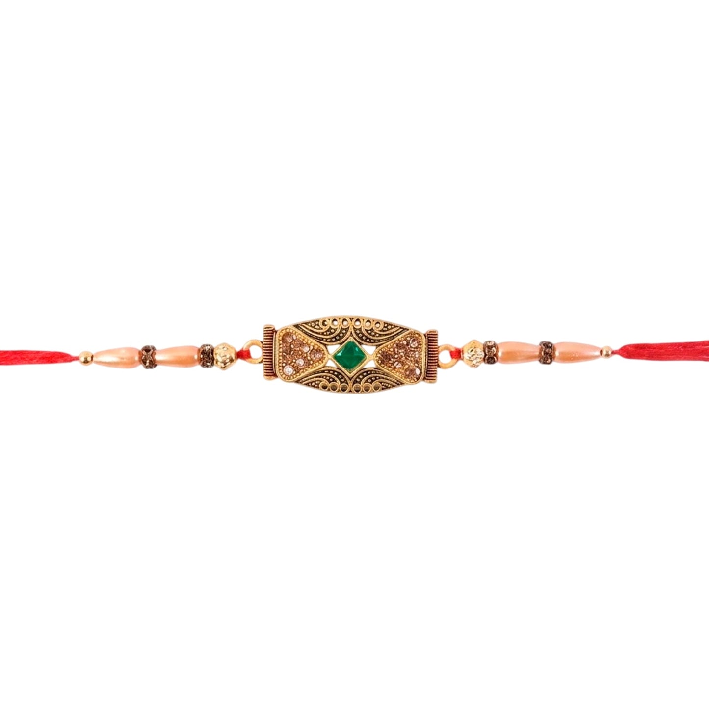 Antique Meenakari Elongated Oval Charm Pearl Bead Thread Rakhi for Brother