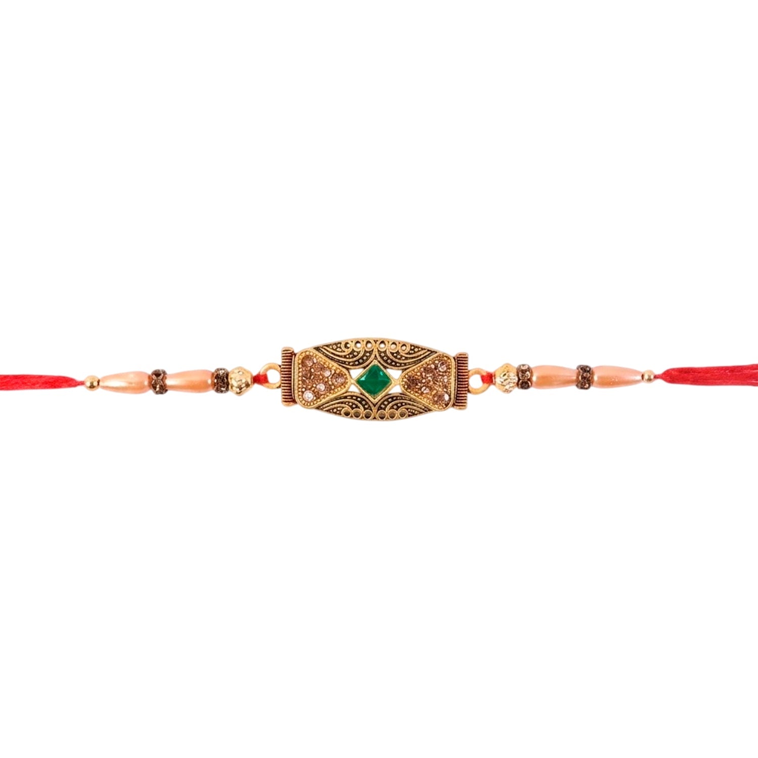 Antique Meenakari Elongated Oval Charm Pearl Bead Thread Rakhi for Brother