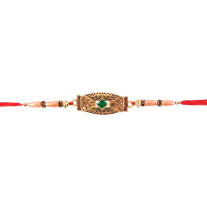Antique Meenakari Elongated Oval Charm Pearl Bead Thread Rakhi for Brother