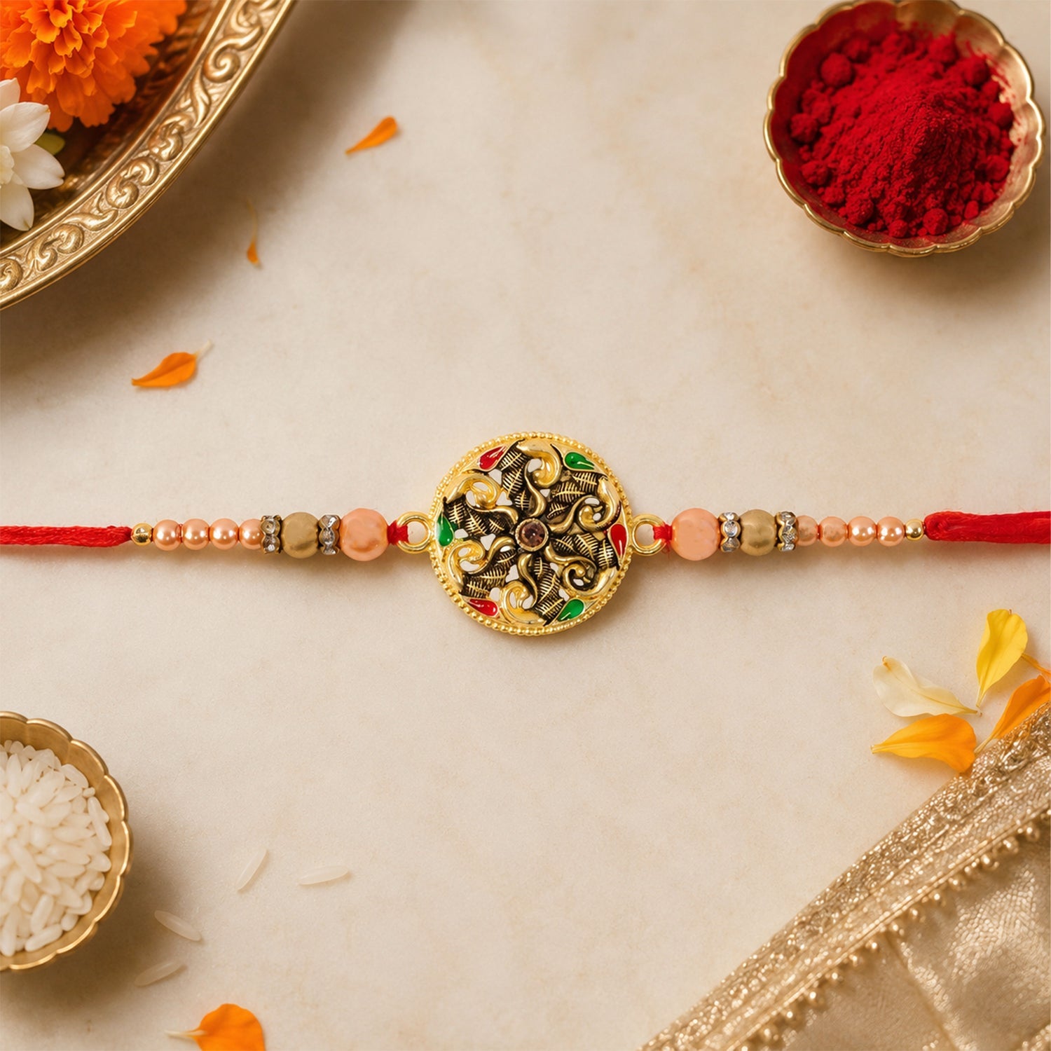 Round Antique Meenakari Floral Charm Pearl Bead Rakhi for Brother