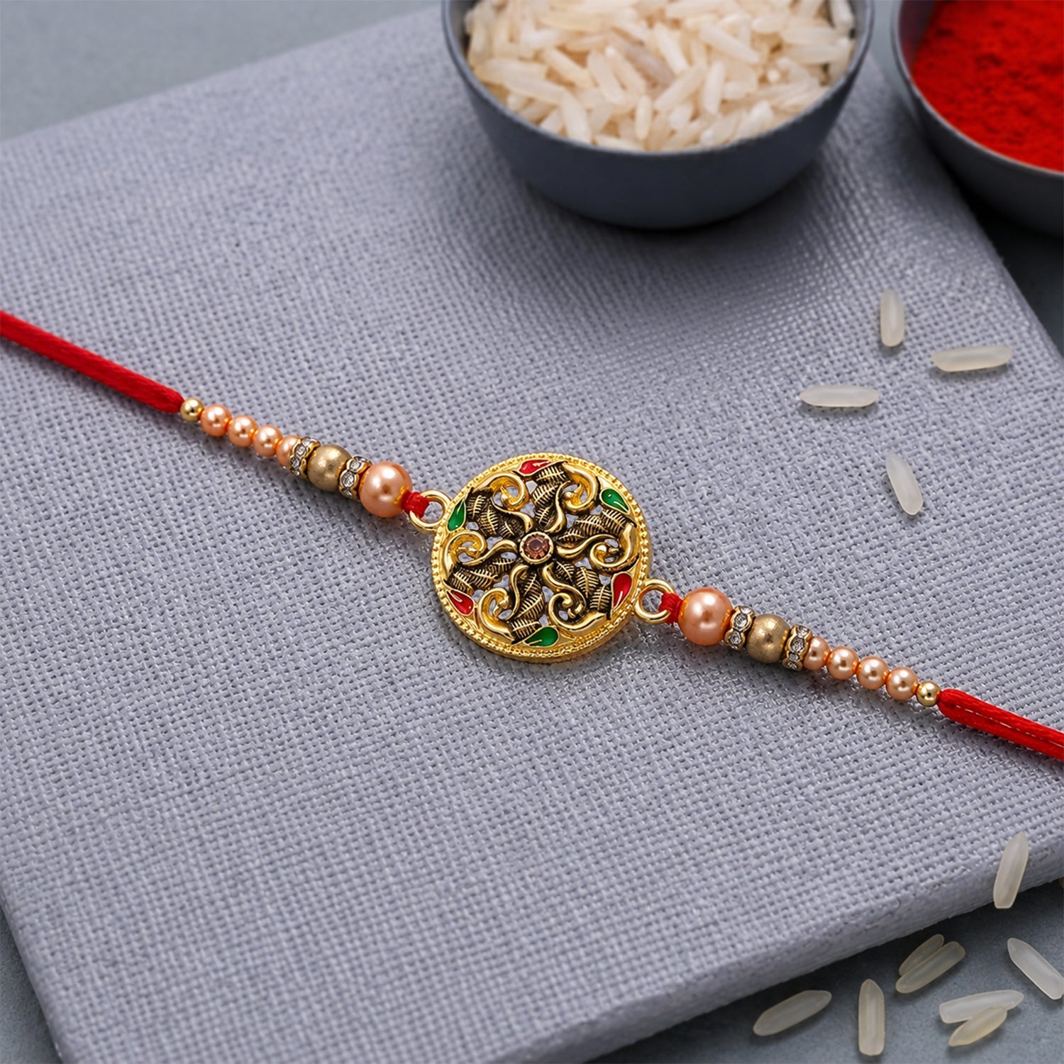 Round Antique Meenakari Floral Charm Pearl Bead Rakhi for Brother