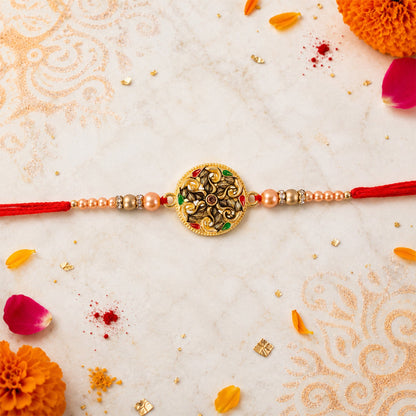 Round Antique Meenakari Floral Charm Pearl Bead Rakhi for Brother