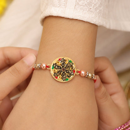 Round Antique Meenakari Floral Charm Pearl Bead Rakhi for Brother