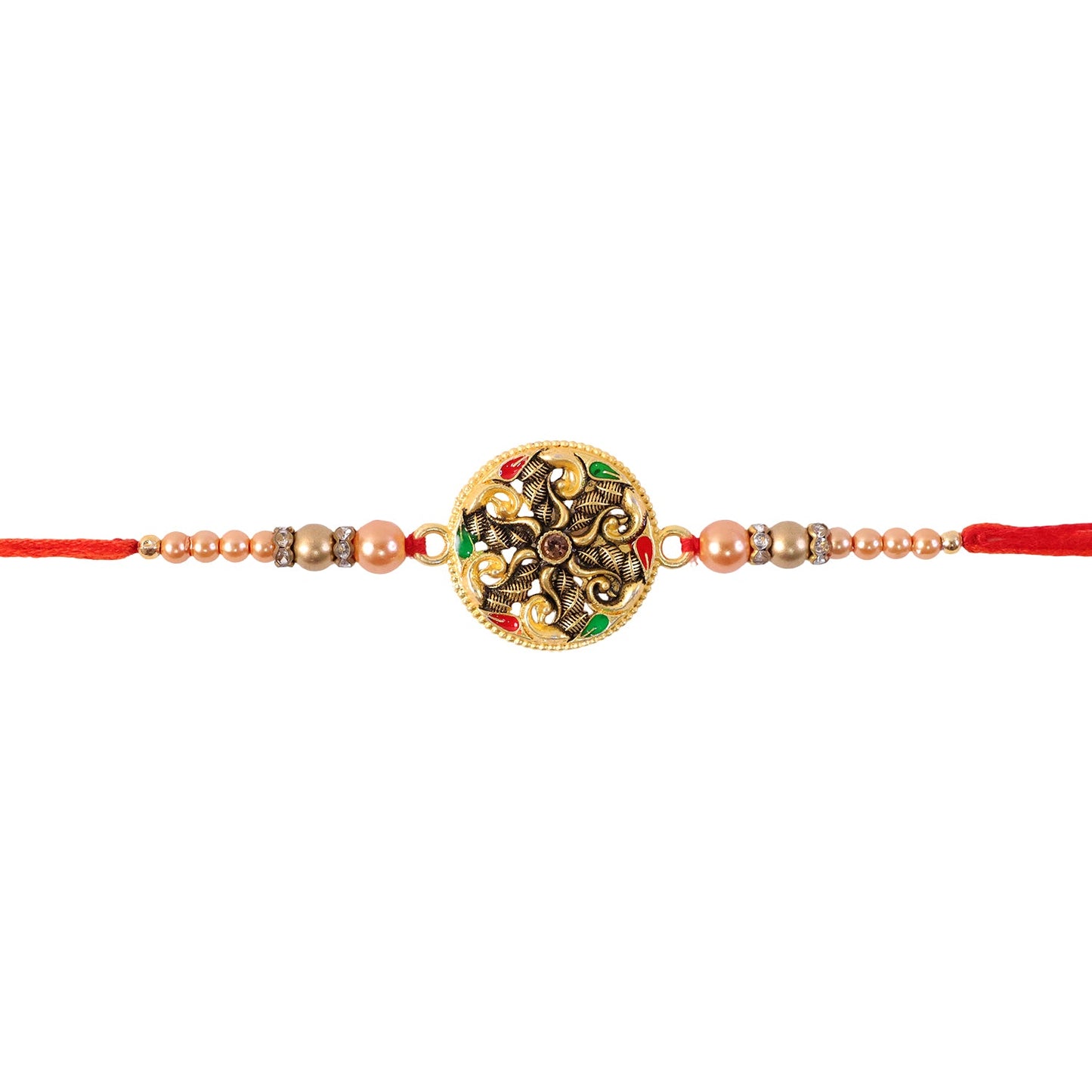 Round Antique Meenakari Floral Charm Pearl Bead Rakhi for Brother