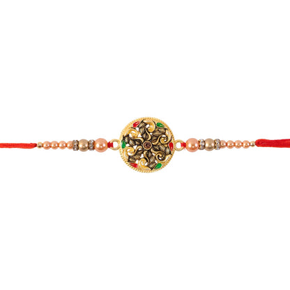 Round Antique Meenakari Floral Charm Pearl Bead Rakhi for Brother