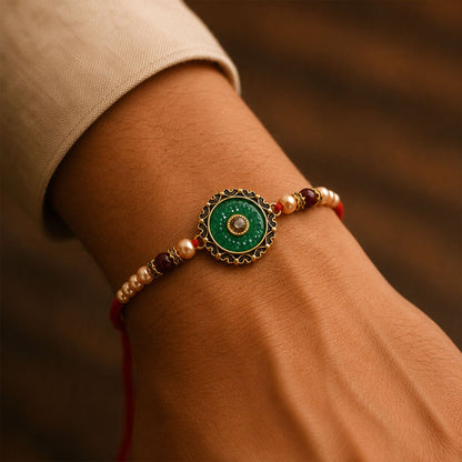 Round Meenakari Enamel Kundan Charm Pearl Bead Rakhi for Brother