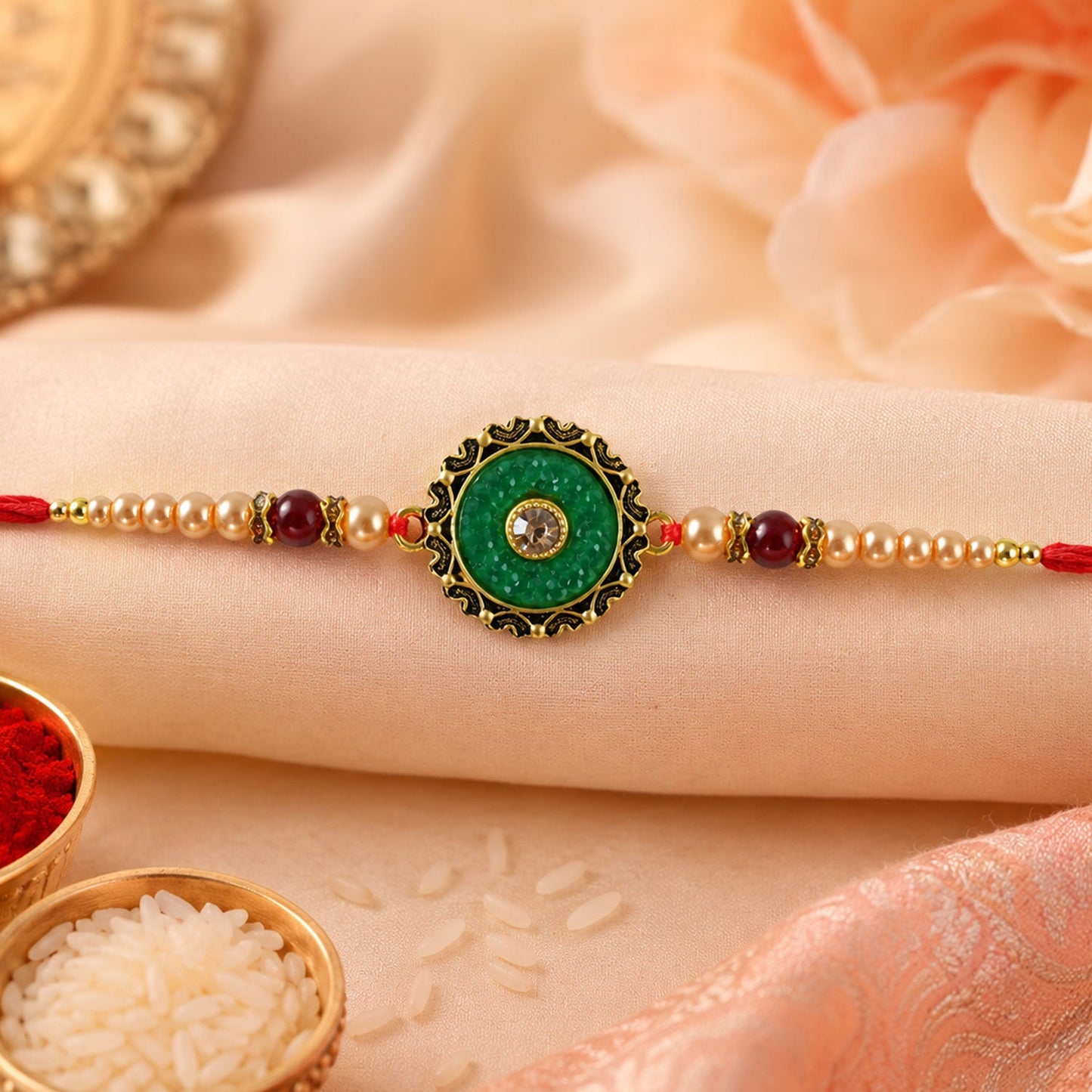 Round Meenakari Enamel Kundan Charm Pearl Bead Rakhi for Brother