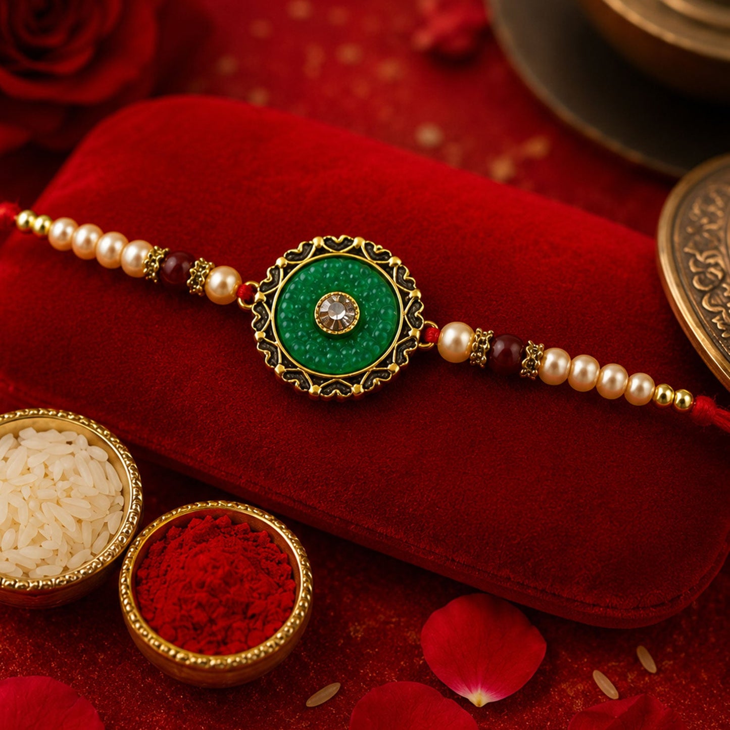 Round Meenakari Enamel Kundan Charm Pearl Bead Rakhi for Brother