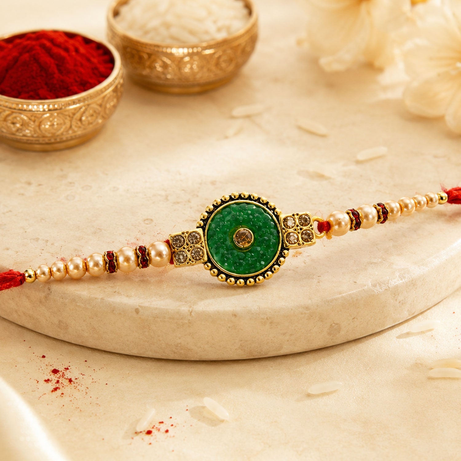 Round Meenakari Kundan Stone Pearl Bead Fancy Thread Rakhi for Brother