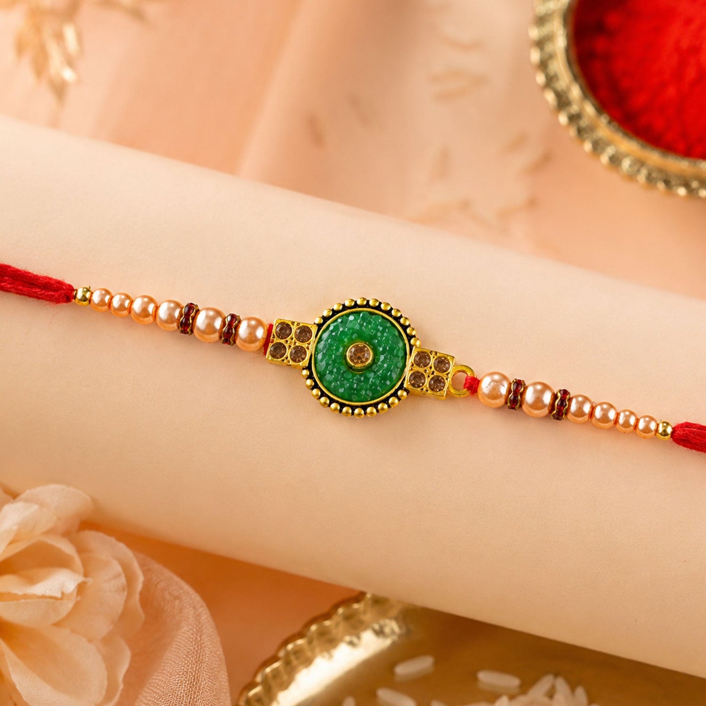Round Meenakari Kundan Stone Pearl Bead Fancy Thread Rakhi for Brother