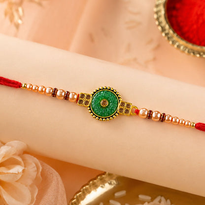 Round Meenakari Kundan Stone Pearl Bead Fancy Thread Rakhi for Brother
