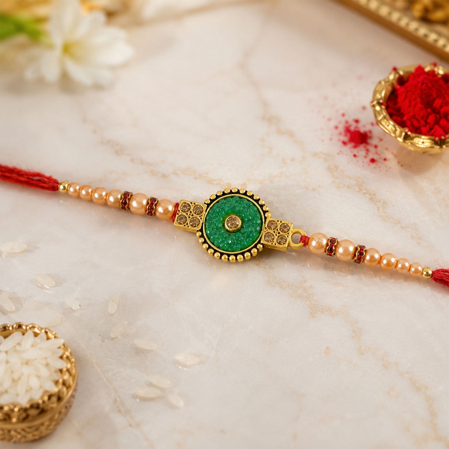 Round Meenakari Kundan Stone Pearl Bead Fancy Thread Rakhi for Brother
