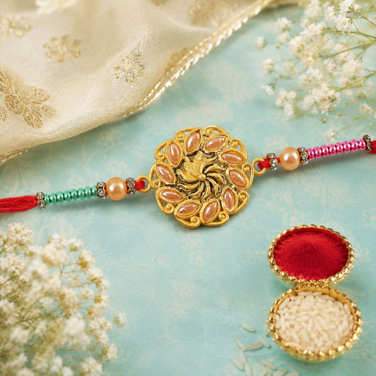 Round Floral Kundan Stone Pearl Bead Rakhi for Brother