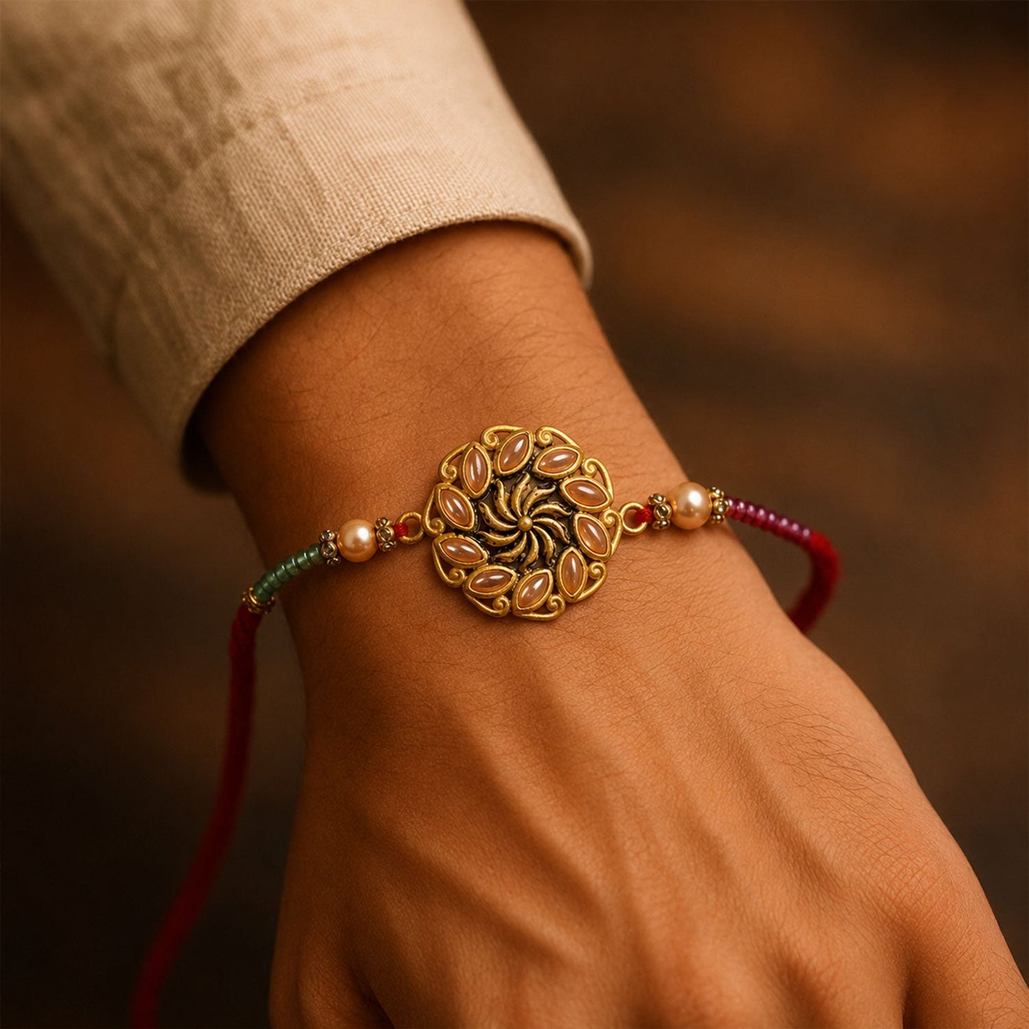 Round Floral Kundan Stone Pearl Bead Rakhi for Brother