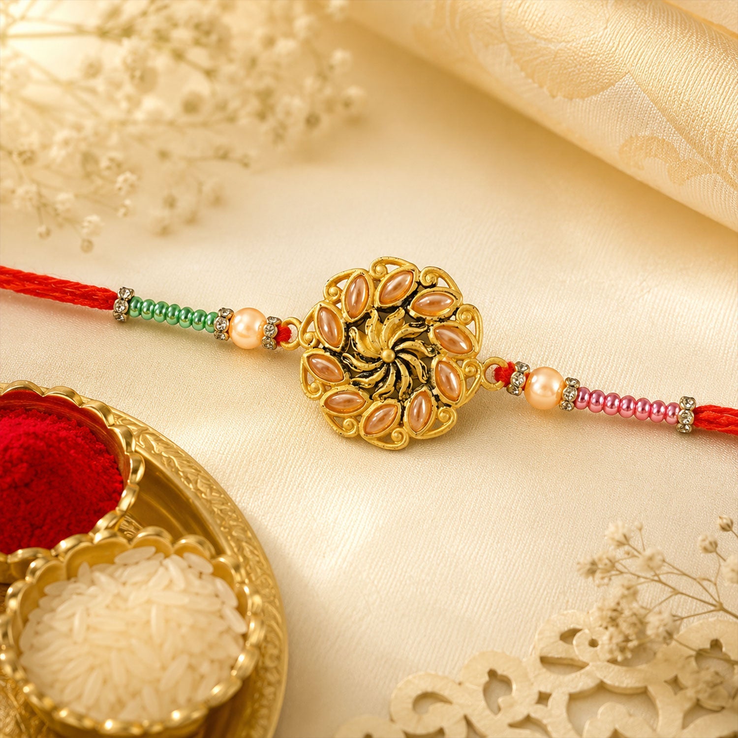 Round Floral Kundan Stone Pearl Bead Rakhi for Brother