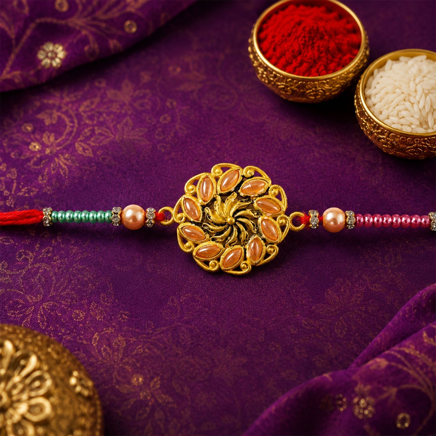 Round Floral Kundan Stone Pearl Bead Rakhi for Brother