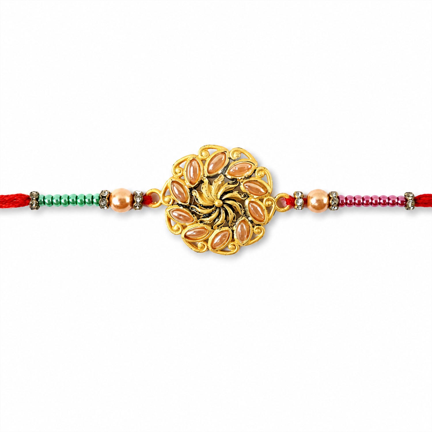 Round Floral Kundan Stone Pearl Bead Rakhi for Brother