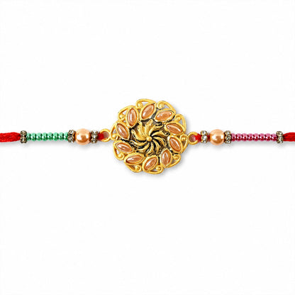 Round Floral Kundan Stone Pearl Bead Rakhi for Brother