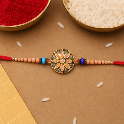 Round Antique Meenakari Stone Charm Crystal Bead Rakhi for Brother
