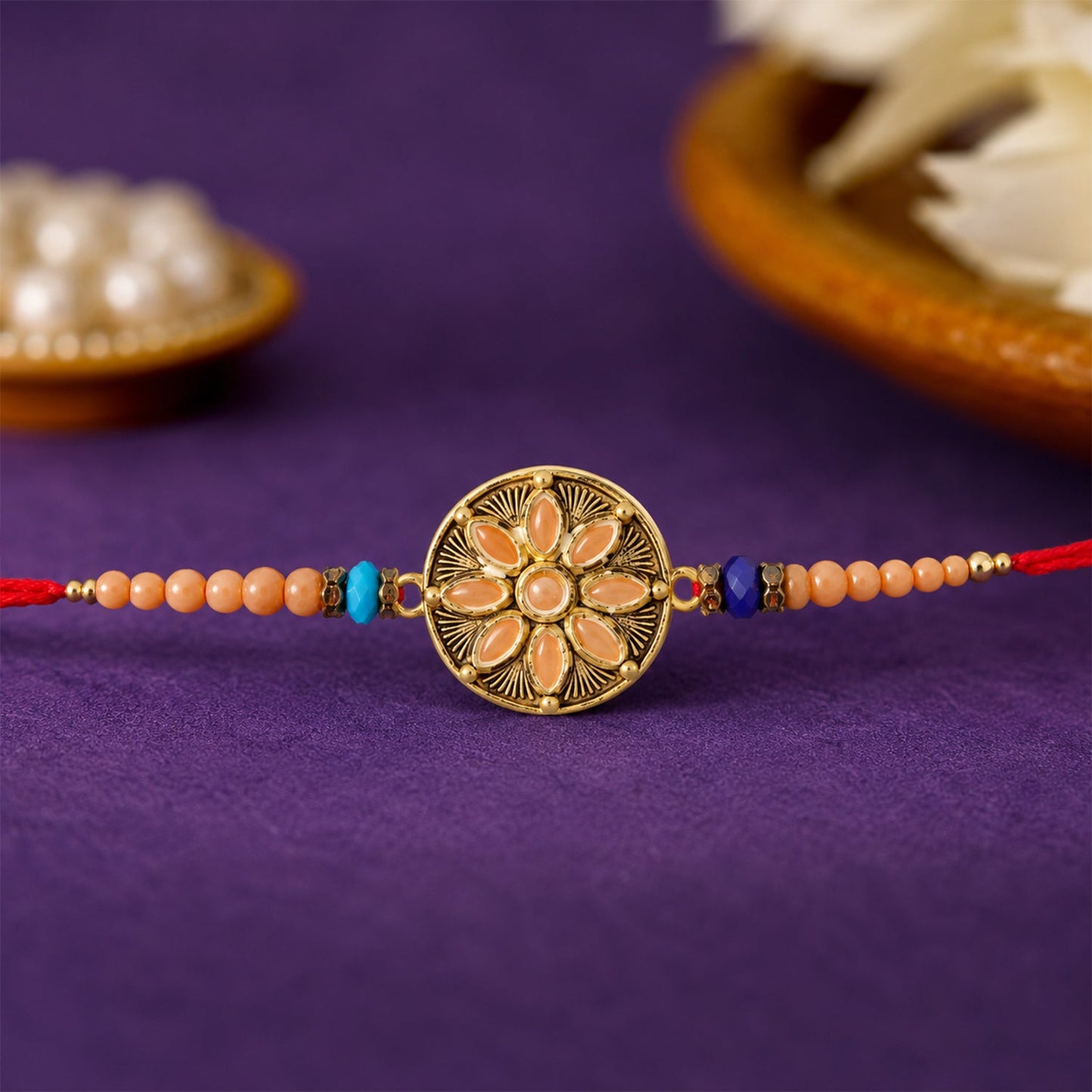 Round Antique Meenakari Stone Charm Crystal Bead Rakhi for Brother