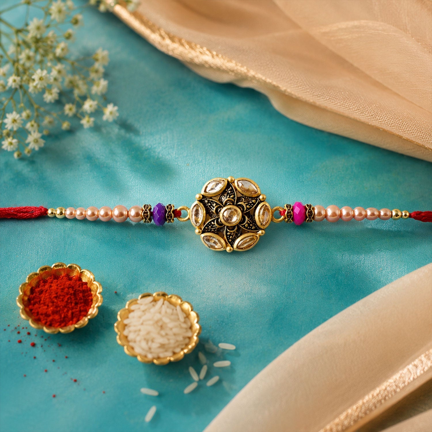 Round Antique Kundan Marquise Floral Charm Pearl Bead Rakhi for Brother
