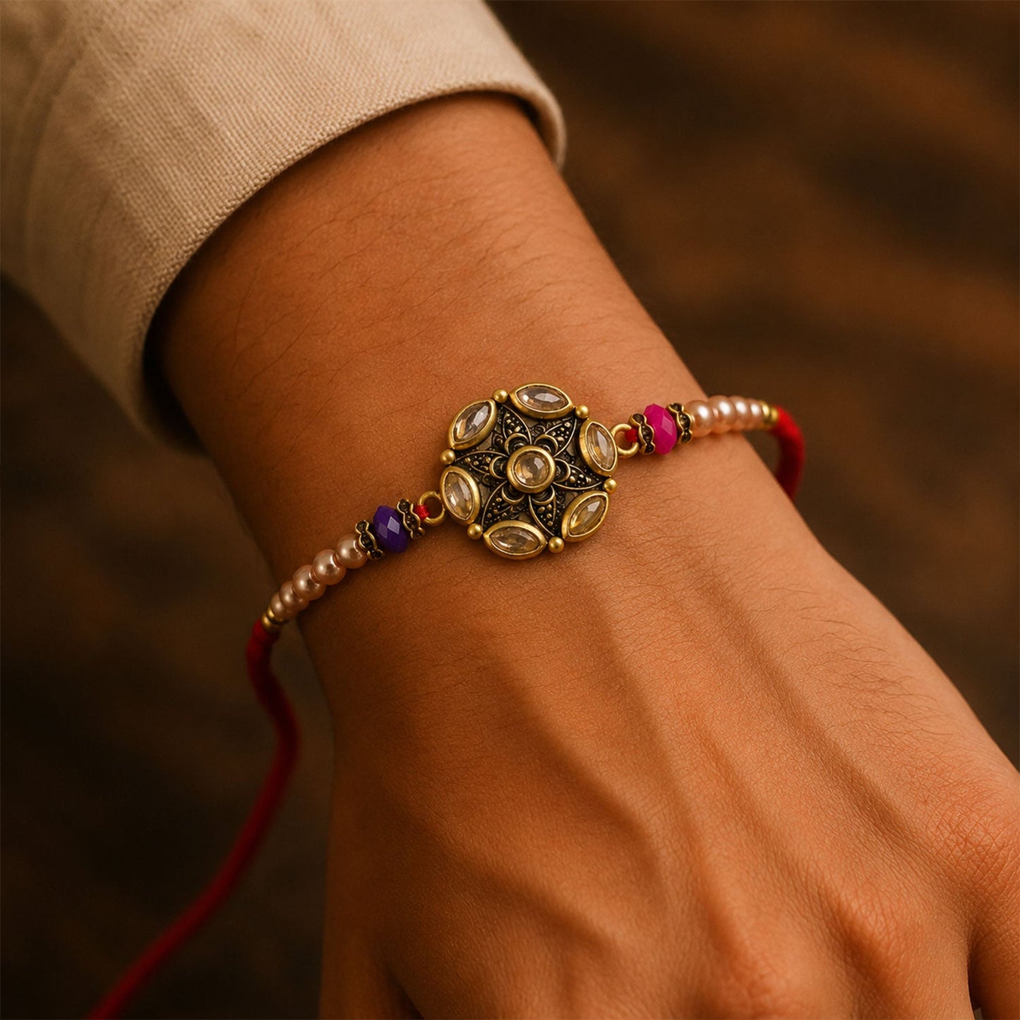 Round Antique Kundan Marquise Floral Charm Pearl Bead Rakhi for Brother