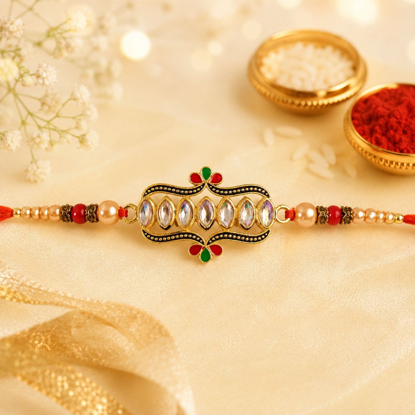 Kundan Marquise Stone Enamel Floral Charm Pearl Bead Rakhi for Brother