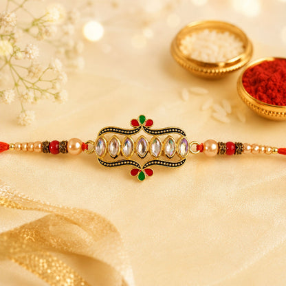 Kundan Marquise Stone Enamel Floral Charm Pearl Bead Rakhi for Brother