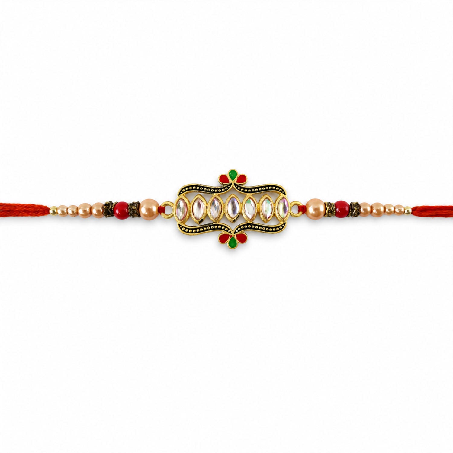 Kundan Marquise Stone Enamel Floral Charm Pearl Bead Rakhi for Brother
