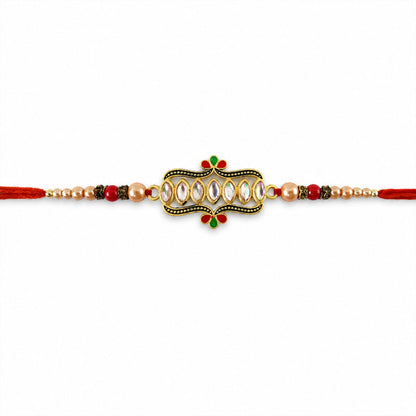 Kundan Marquise Stone Enamel Floral Charm Pearl Bead Rakhi for Brother