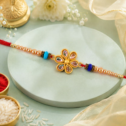 Floral Kundan Stone Charm Pearl Crystal Bead Fancy Thread Rakhi for Brother