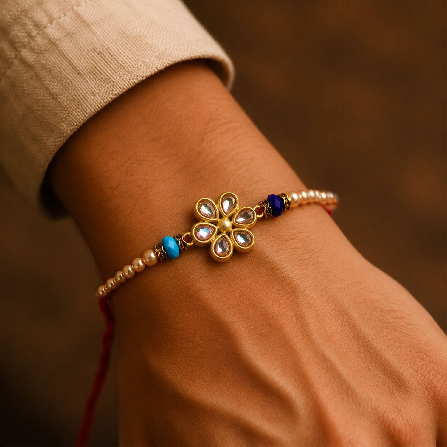 Floral Kundan Stone Charm Pearl Crystal Bead Fancy Thread Rakhi for Brother