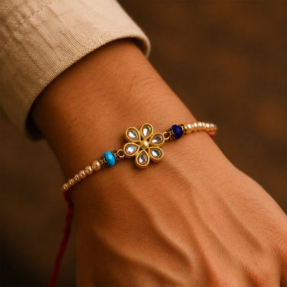 Floral Kundan Stone Charm Pearl Crystal Bead Fancy Thread Rakhi for Brother
