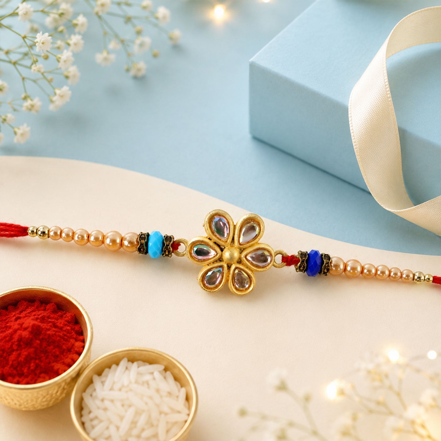 Floral Kundan Stone Charm Pearl Crystal Bead Fancy Thread Rakhi for Brother