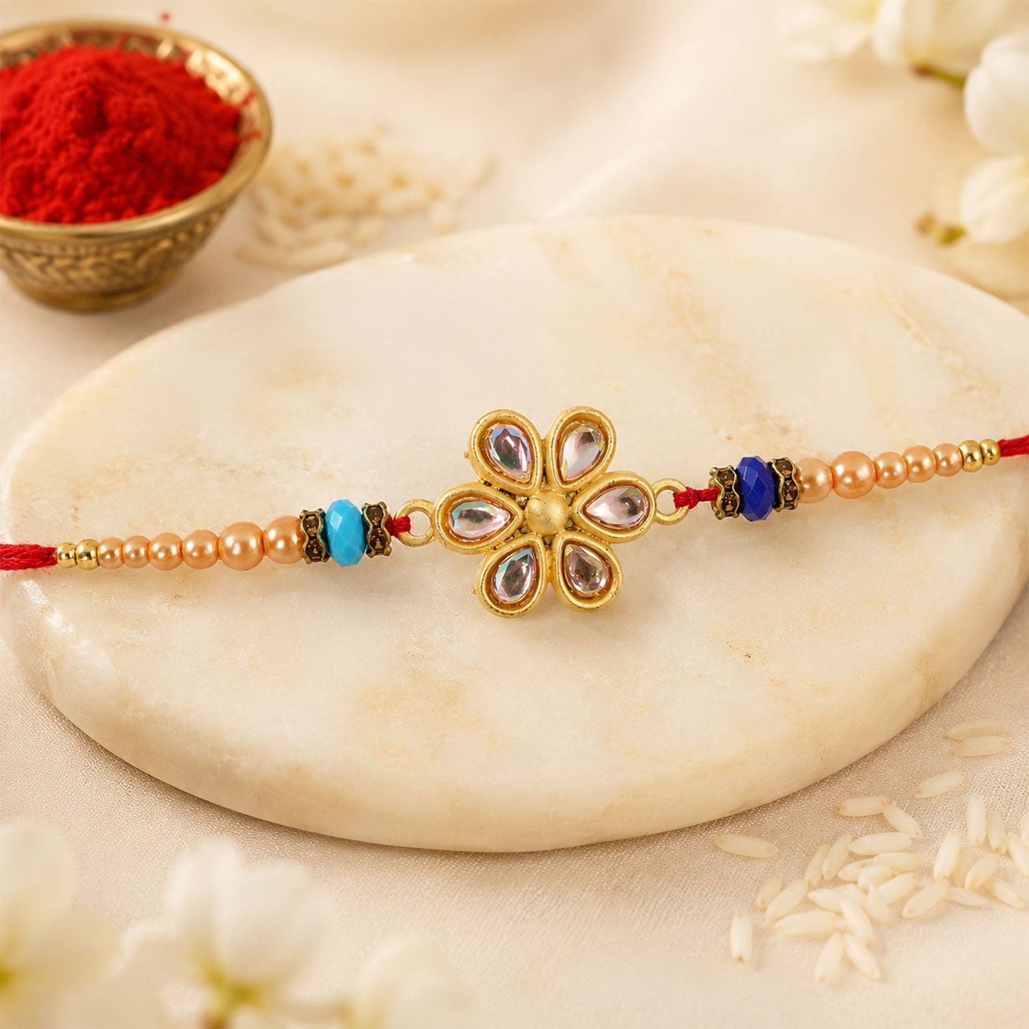 Floral Kundan Stone Charm Pearl Crystal Bead Fancy Thread Rakhi for Brother