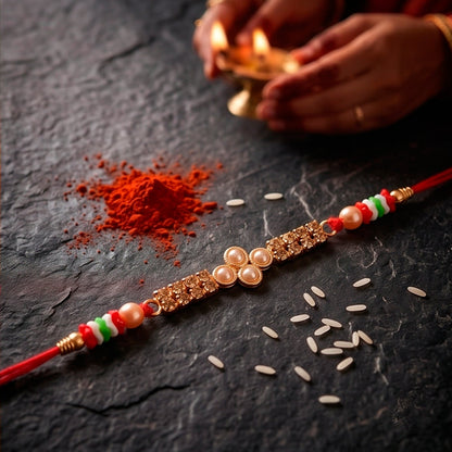 Pearl Bar Crystal Stone Bead Fancy Thread Rakhi for Brother