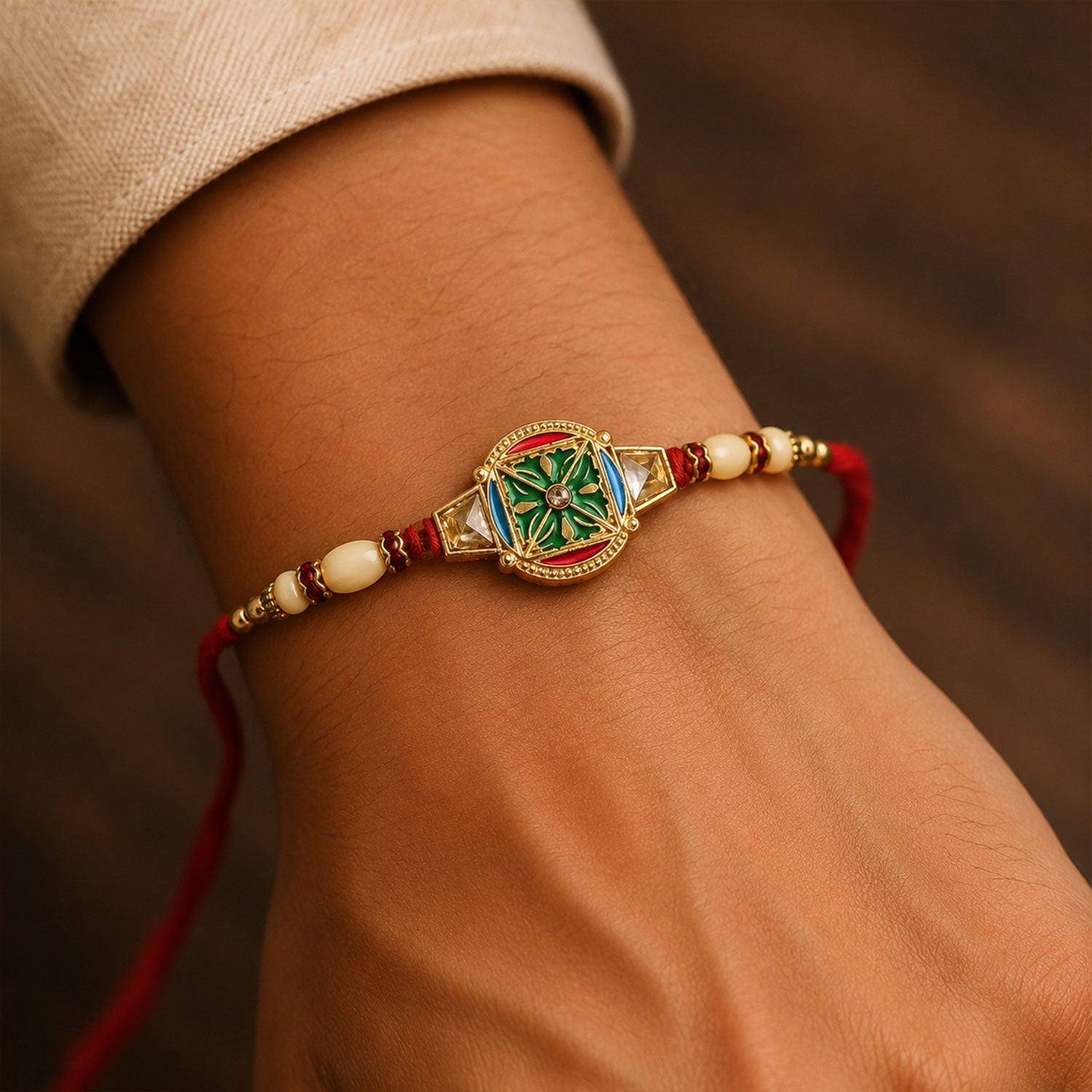Round Kundan Meenakari Enamel Framed Charm Pearl Bead Rakhi for Brother